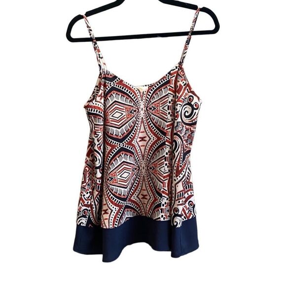 Collective Concepts Red/Blue/Cream Abstract Print Cami with Solid Hem. Size L. - Picture 1 of 6